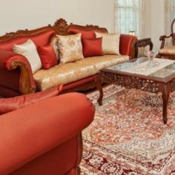 Luxury Middle Eastern Handcrafted Living Room Set – Sofa, Loveseat, Armchairs, Coffee Table & Rug
