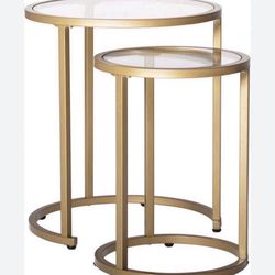 Brand New 2-Piece Round Glass Top Nesting Tables in Gold