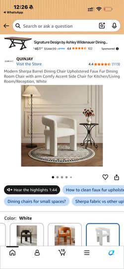 Modern Sherpa Barrel Dining Chair Upholstered Faux Fur Dining Room Chair with arm Comfy Accent Side Chair for Kitchen/Living Room/Reception, White