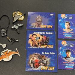 Vintage Star Trek items, includes 3 trading cards, 2 Space caps, 2 Klingon mini ships & Action Figure Accessories as shown!