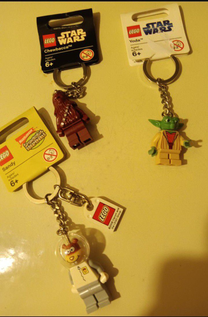 Lego Keychains Chewbacca, Yoda And Sandy From SpongeBob Squarepants. $10 Each New With Tag. 