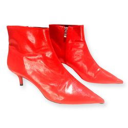 ZARA : Red Leather Kitten Heel Pointed Toe Ankle Boots