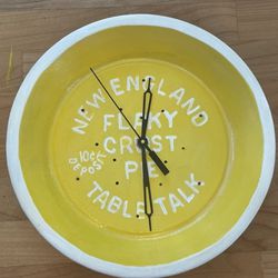 Vintage "New England Flaky Crust Pie - Table Talk" Pie Tin Clock  (Upcycled/Repurposed Embossed Metal)