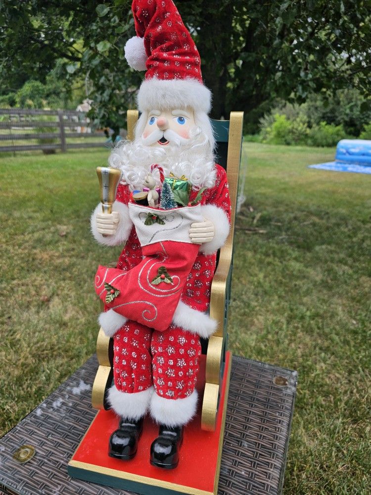 $45.00 - 26" Christmas Santa Clause "Statement Decor"! Lots Of Miniature Accents/Glittered Fabrics/Wood Chair/Handpainted & Handcrafted - Like New!