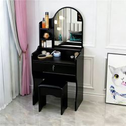 Compact Modern Vanity Set with Arched Mirror & Stool