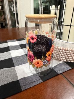 Poodle glass cup with bamboo lid and glass straw