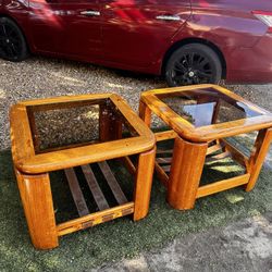 Solid Wood Glass Top End Tables Set of 2