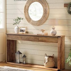   Console Table, 63 Inches Sofa Table, Narrow Entryway Table, Entry Table with 3 Drawers, Bottom Shelf, Metal Corners, for Living Room, Bedr