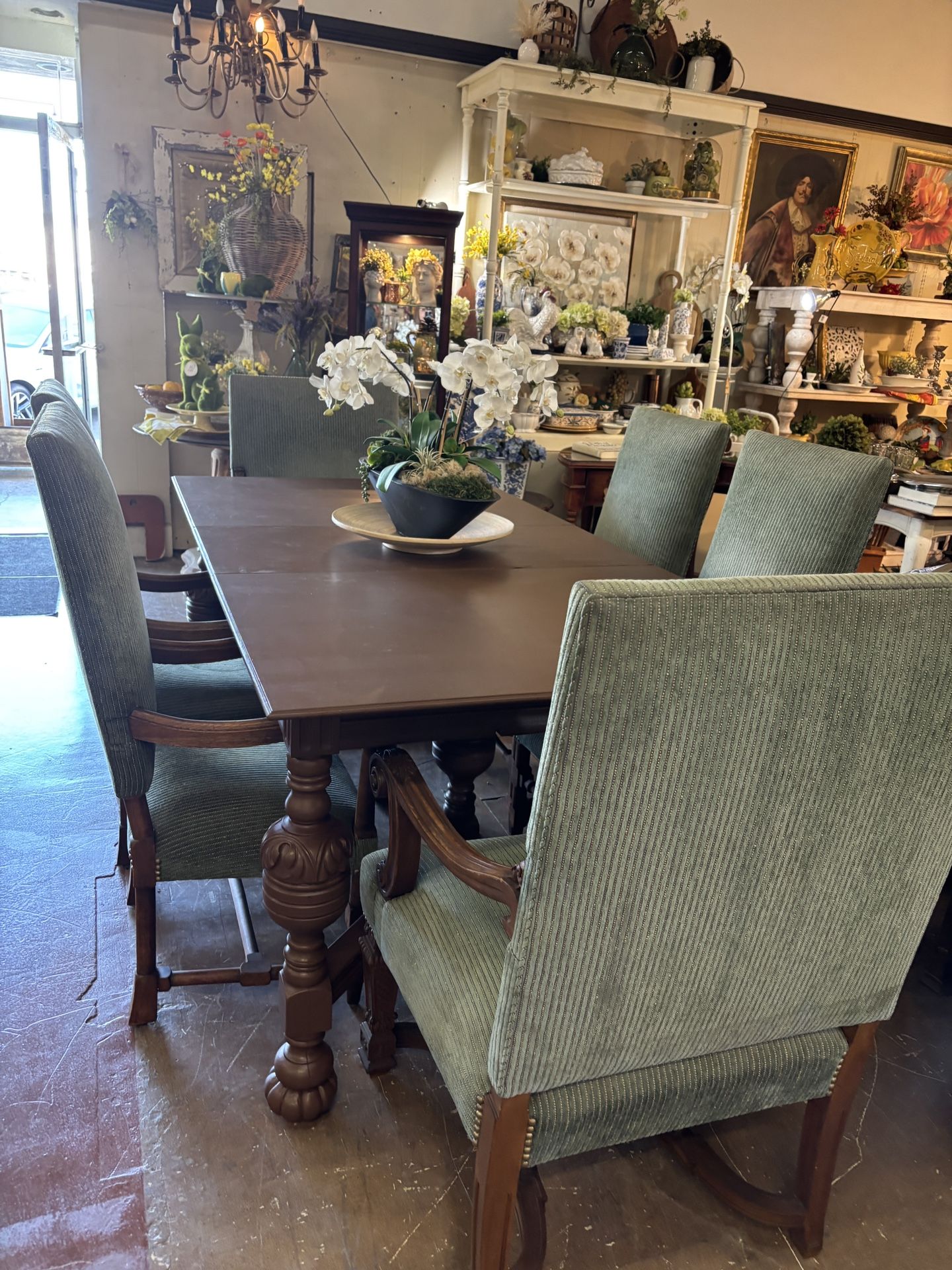 High End Dining Set 6 Chairs Velvet Green Fabric