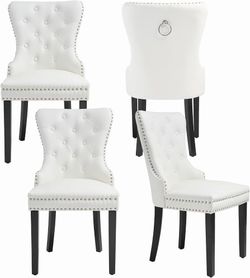 PU Leather Dining Chairs Set of 4, Tufted Upholstered Dining Room Chair with Pull Ring and Solid Wood Legs, White