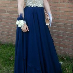 Navy Blue and Champagne Color Prom Dress