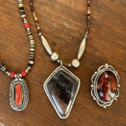 Vintage Native Sterling Silver Coral Necklace Jewelry Amber Pendant Brooch Beads Rare Handcrafted Real Polished Agate Stone Antique Jewelry 