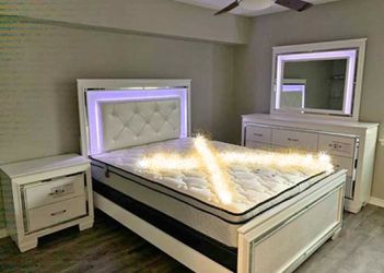 NhAllura 4-Piece White Panel Bedroom Set with LED lights 🎀 Juego de Recamara Queen