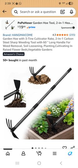 Garden Hoe with 3-Tine Cultivator Rake, 2-In-1 Carbon Steel Sharp Weeding Tool with 60 " Long Handle For Weed Removal, Soil Loosening, Planting,Cultiv
