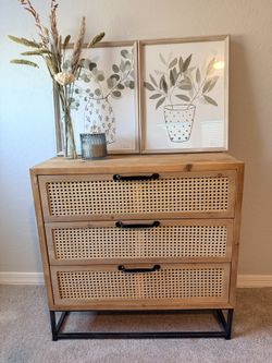 Wooden Rattan 3 Drawer Dresser w/ Wall Art 