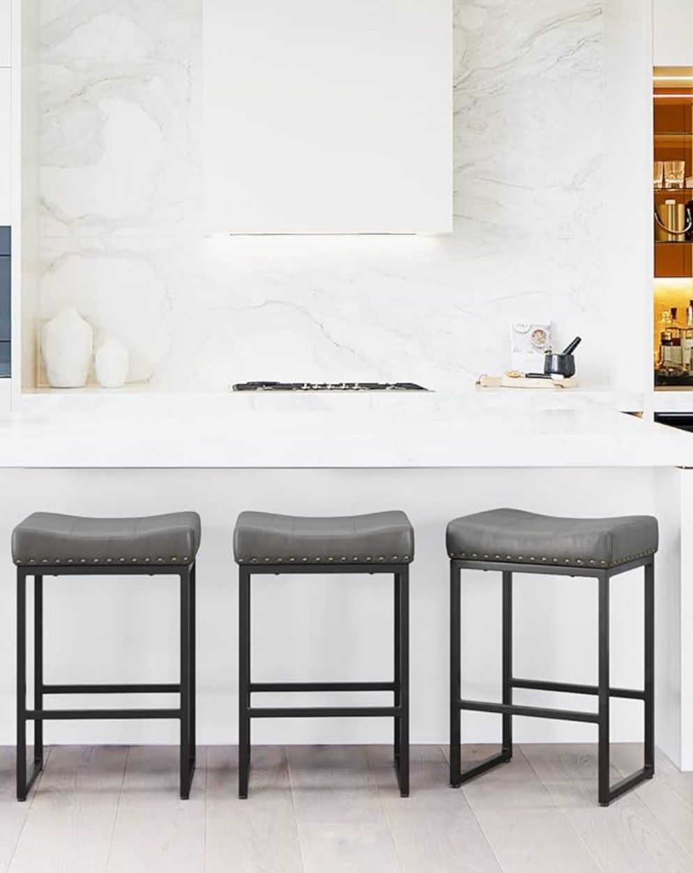 LUE BONA Counter Height Bar Stools, 24" Square Saddle Barstools Set of 3, Counter Stool, Dark Gray