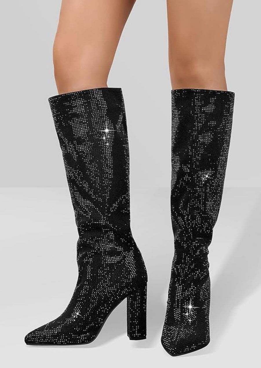 Black Knee High Bling Boots - Size 7