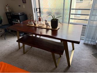 Reclaimed wood dining table & benches