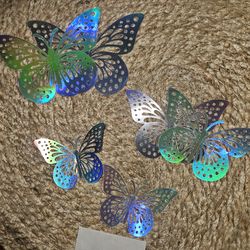 6 Butterfly Wall Decor Stickers 3D silver holographic
