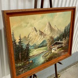 Mid-century 1960’s wood framed oil on canvas “Alpine mountain hut “ painting signed