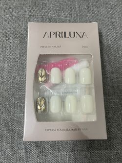 White Milk Press On Nails - Short, Square, Champagne Rhinestone Acrylic False Nails - 24PCS Glossy Glue On Set for Women & Girls