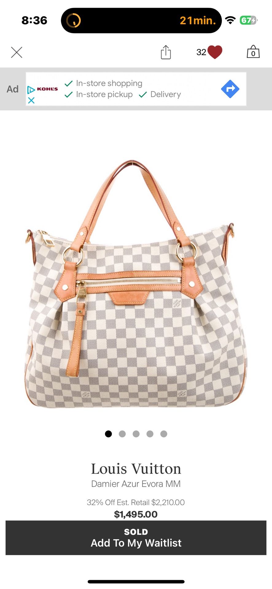 Louis Vuitton Damier Azur Evora MM 32% Off Est. Retail $2,210.00