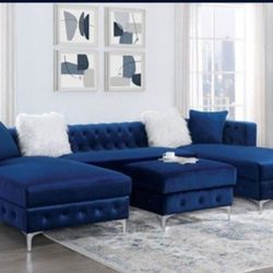 Brand New Velvet Navy Blue Modern Style Sectional Sofa w Ottoman