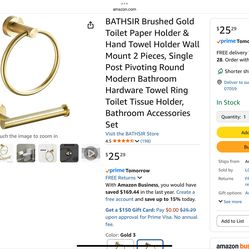 Gold Bathroom Toilet Paper Holder, Towel Ring And A Hook