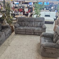 Mixed gray microfiber three piece room, recliner, sofa set with recliners and storage