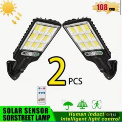 2 Pack, Outdoor Solar Light with Remote Control LED Wall Light 108COB Ultra Bright, 3 Modes, Intelligent Dimming IP44 Human Body Sensing Courtyard Lig