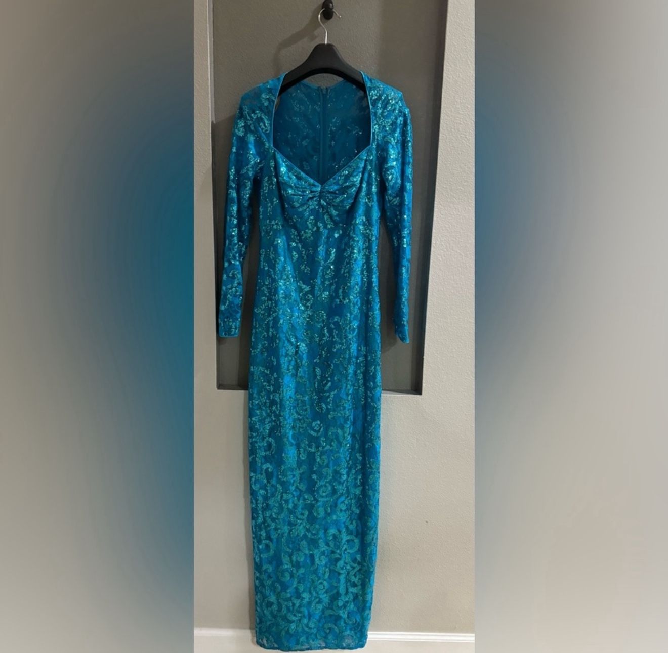 SHO BY TADASHI SHOJI Sequin Column Gown in Sea Breeze As/Sn on Days of our lives. Size 10