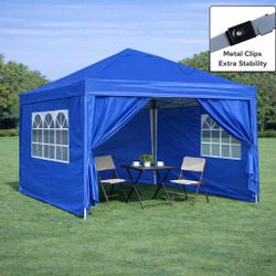 Outdoor 10x 10Ft Pop Up Gazebo Canopy Tent Removable Sidewall with Zipper,2pcs Sidewall with Windows,with 4pcs Weight sand bag,with Carry Bag-Blue