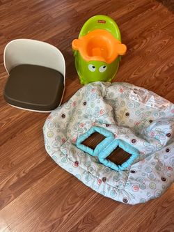 Baby / Kid Items.  Fisher Price Potty And OXO Tot Perch Foldable Booster Seat for Big Kids- Taupe  & Bright Starts shopping cart cover