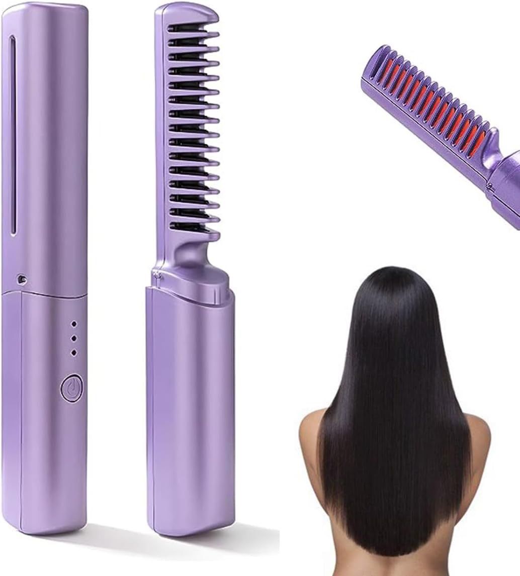 Rechargeable Mini Hair Straightener, 2023 New Rechargeable Cordless Hair Straightener Brush, Three Temperature Adjustment Straightening Brush 3D Hair