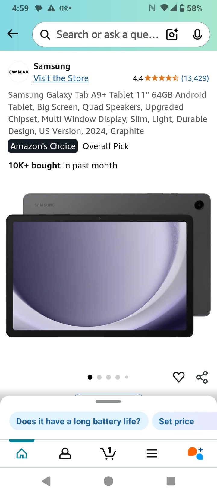 SAMSUNG GALAXY TAB A9 PLUS 64 GB ANDROID TABLET 2024 EDITION LIKE NEW