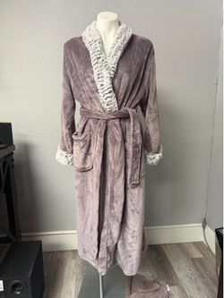 Carole Hochman Plush Spa Bathrobe XL – Taupe with Faux Fur Trim