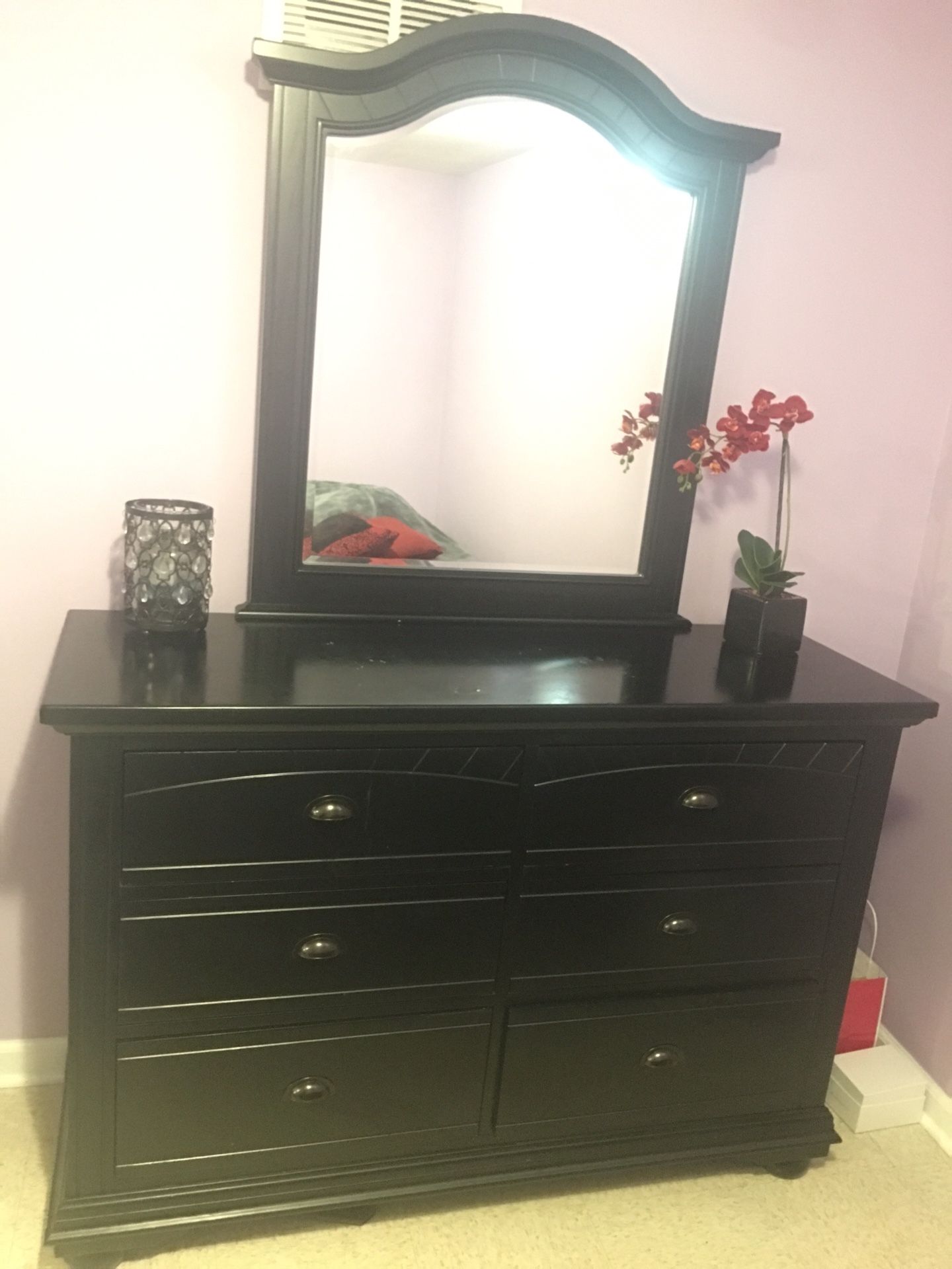 Black wooded ,6 drawer double dresser with mirror