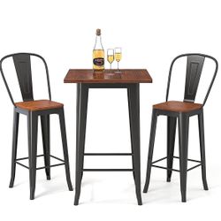 3 Piece Bar Table Set with 1 Table and 2 High Back Chairs  Dining Table Set for 2, Pub Table and Chairs with Footrest and Foot Pads for Kitchen, Resta