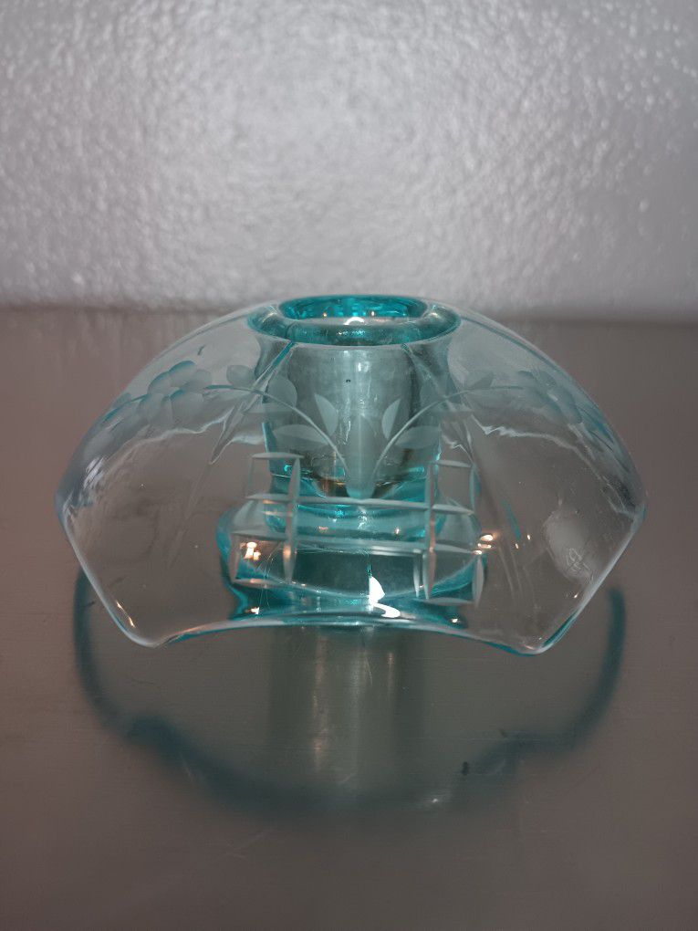Paden City Cambridge Etched Candlestick Holder Blue Glass Rolled Square Edge.