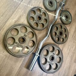 BEAUTIFUL IVANKO  Revolver With Brand NEW Curl Bar W/ Cooper Bearings: Pais Of 35s, 25s and 10s ( Total: 160 lbs)