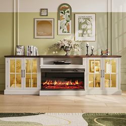 Assembled 98" Farmhouse TV Stand with 36" Fireplace for TVs up to 100", Media Entertainment Center with Adjustable Shelves and Large Storage Cabinets,