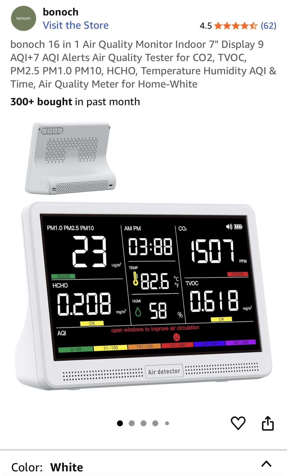 bonoch 16 in 1 Air Quality Monitor Indoor 7" Display 9 AQI+7 AQI Alerts Air Quality Tester for CO2, TVOC, PM2.5 PM1.0 PM10, HCHO, Temperature Humidity