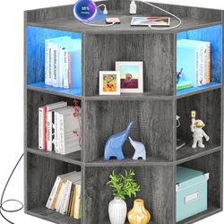 Aheaplus Corner Cabinet, Corner Storage with Power Outlet & LED Lights, Wooden Cubby Corner Bookshelf with 9 Cubes for Bedroom, Living Room, Office, C