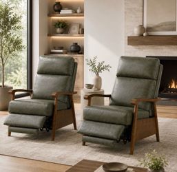 Set of 2 Genuine Leather Recliner Chairs - Fern Green Wood Frame