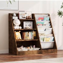 NACHES 4 Tier Kid Bookshelf Wooden 6 Sling Children Bookcase Toddler Montessori Bookcase Book Rack Display Toy Storage Organizer Adjustable Book Displ