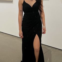 Ladivine Black V-neck sequins slit prom dress w/ spaghetti straps - size 2