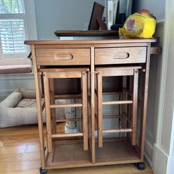 Small Wooden Bar Cart With Two Stools And Collapsible Half Table 