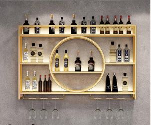 Estante de metal para vino, estantes de bar para montar en la pared, almacenamiento de cocina con soporte para copas de vino, estante de licor, mini b