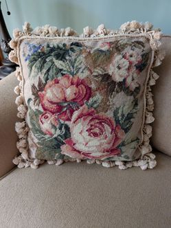 Floral Needlepoint Pillow with Tassel Trim