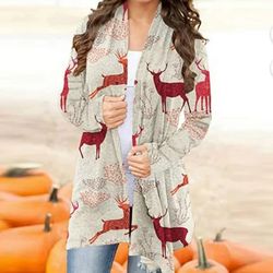 Christmas Cardigan for Women Graphic Print Open Front Cardigans Loose Fit Long-Sleeves Shirts Party Lightweight Tops